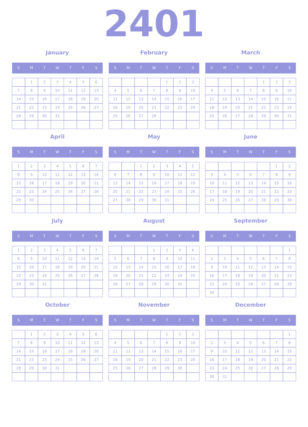 Printable 2401 Year Calendars periwinkle