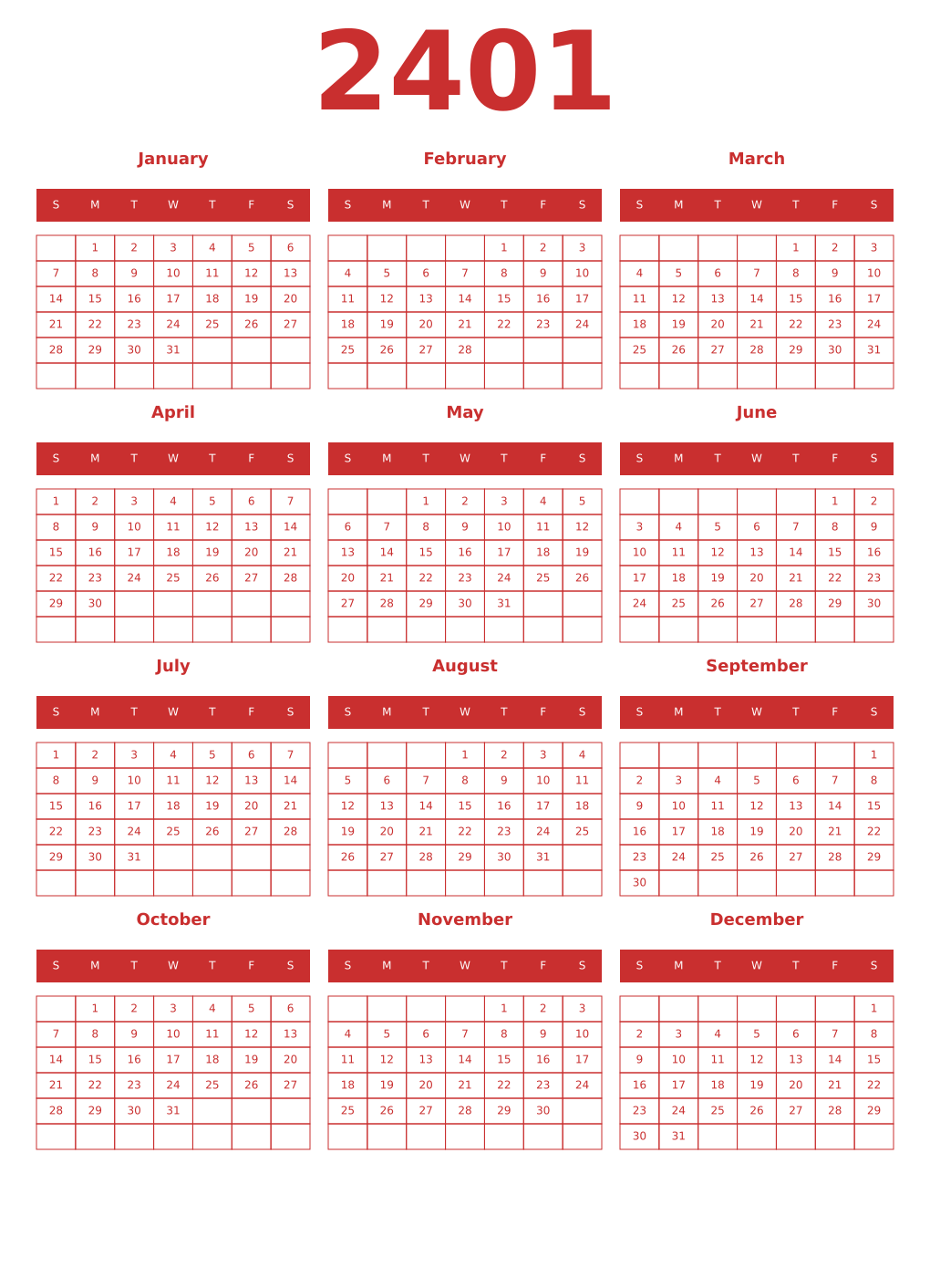 Printable 2401 Year Calendars red