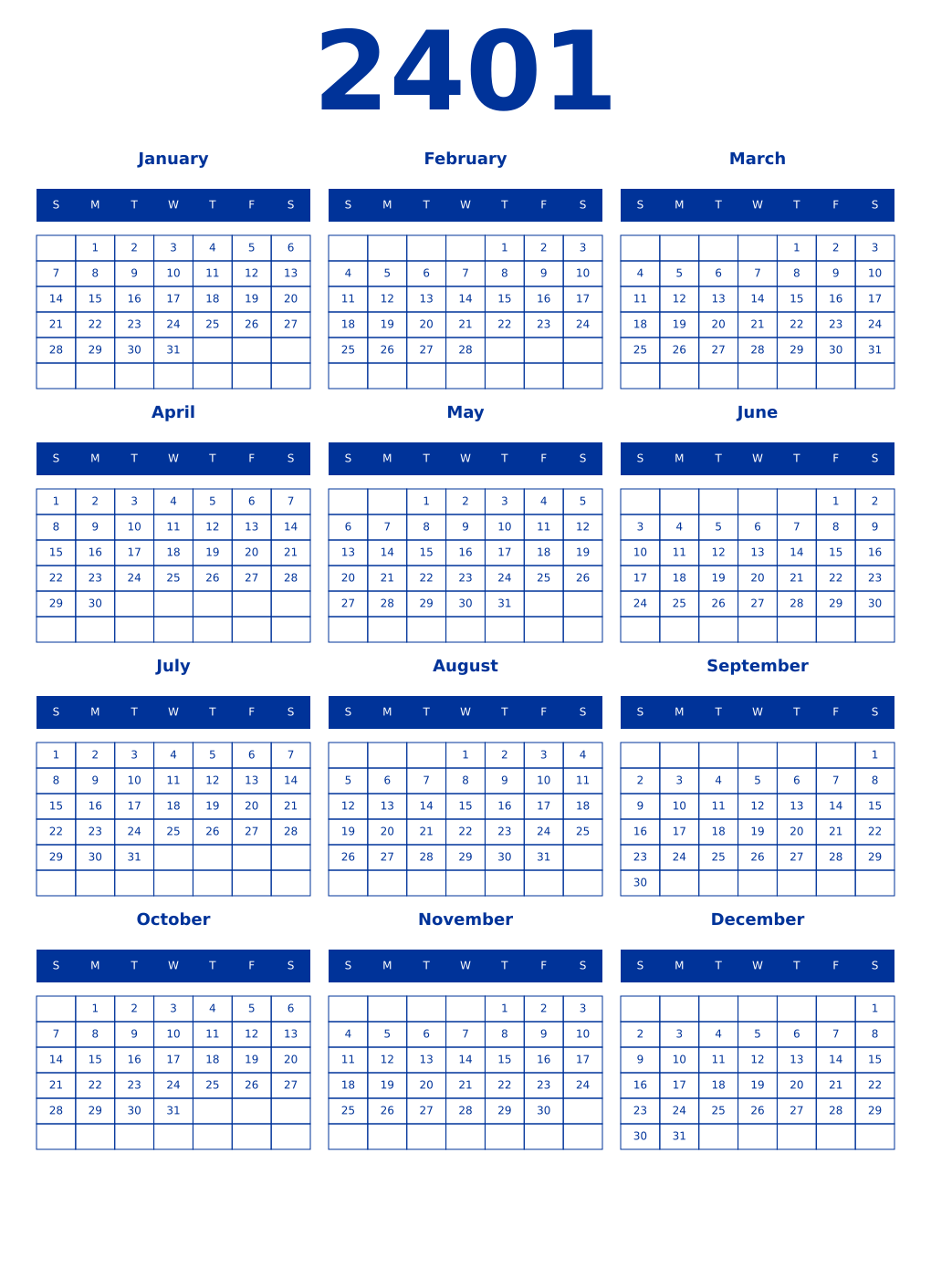 Printable 2401 Year Calendars smalt