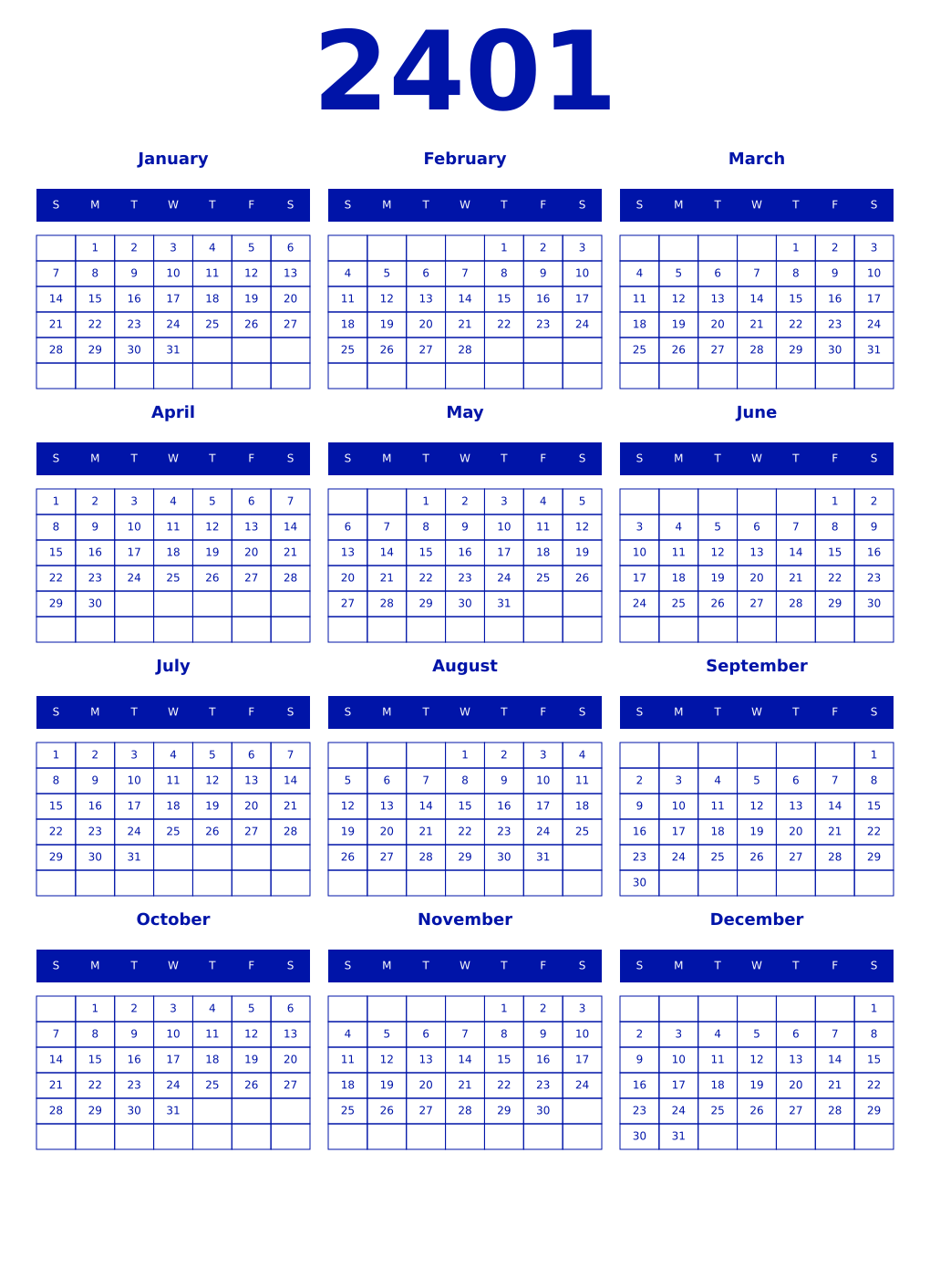 Printable 2401 Year Calendars zaffre