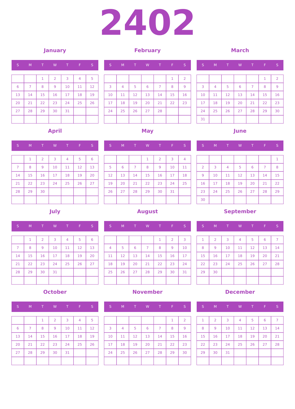 Printable 2402 Calendars