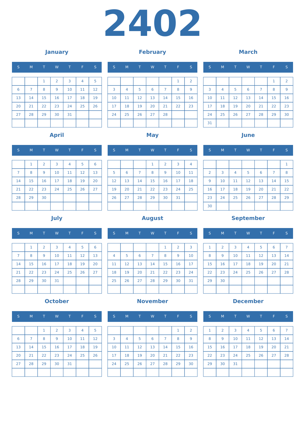 Printable 2402 Year Calendars blue