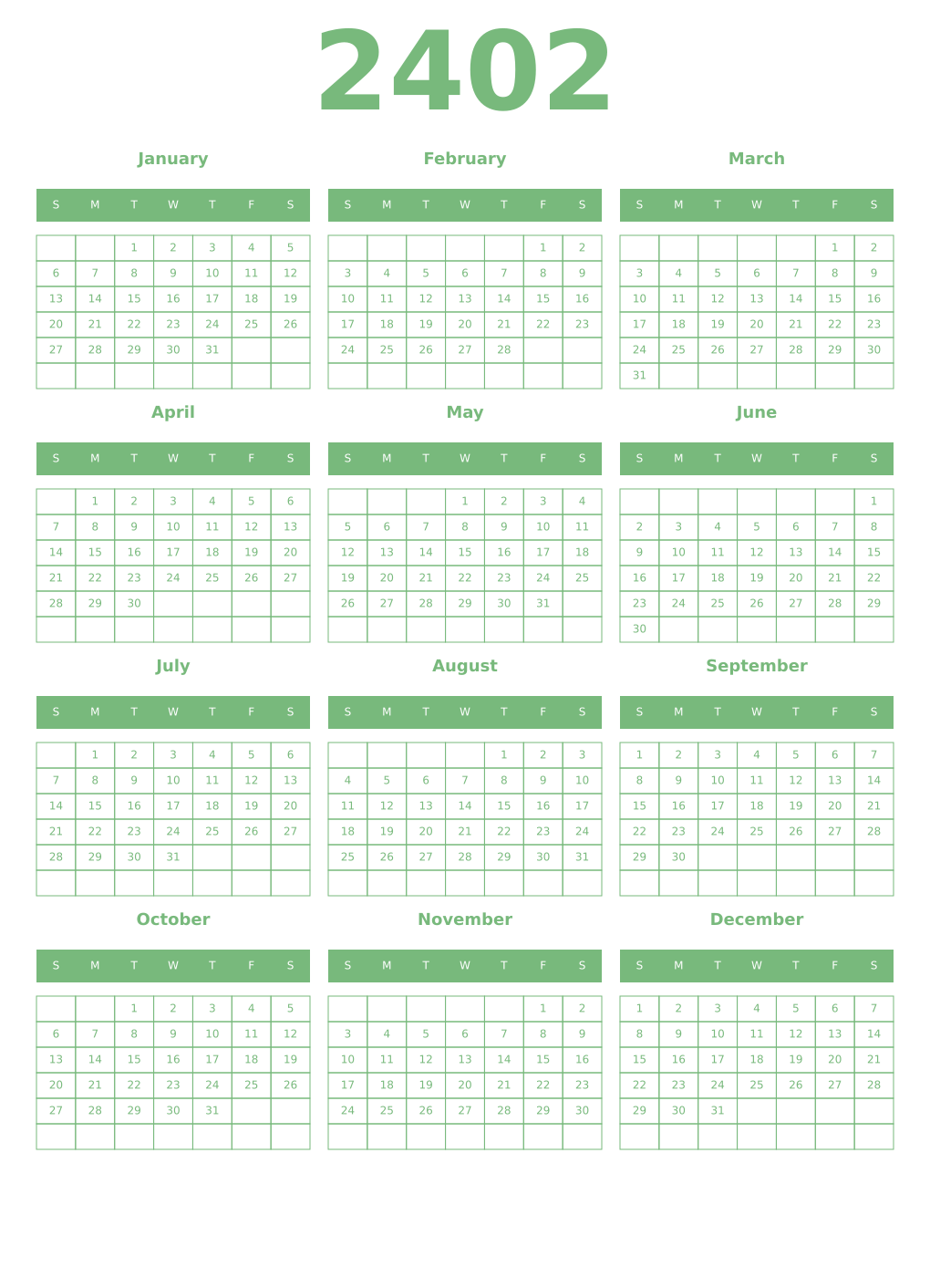Printable 2402 Year Calendars celadon