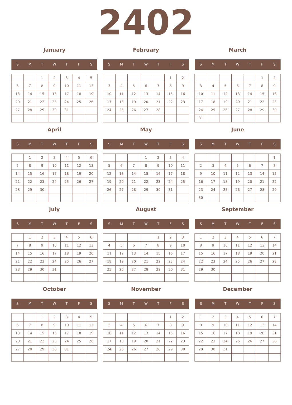 Printable 2402 Year Calendars coffe