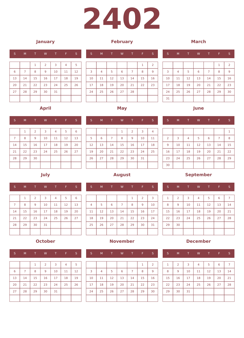 Printable 2402 Year Calendars cordovan
