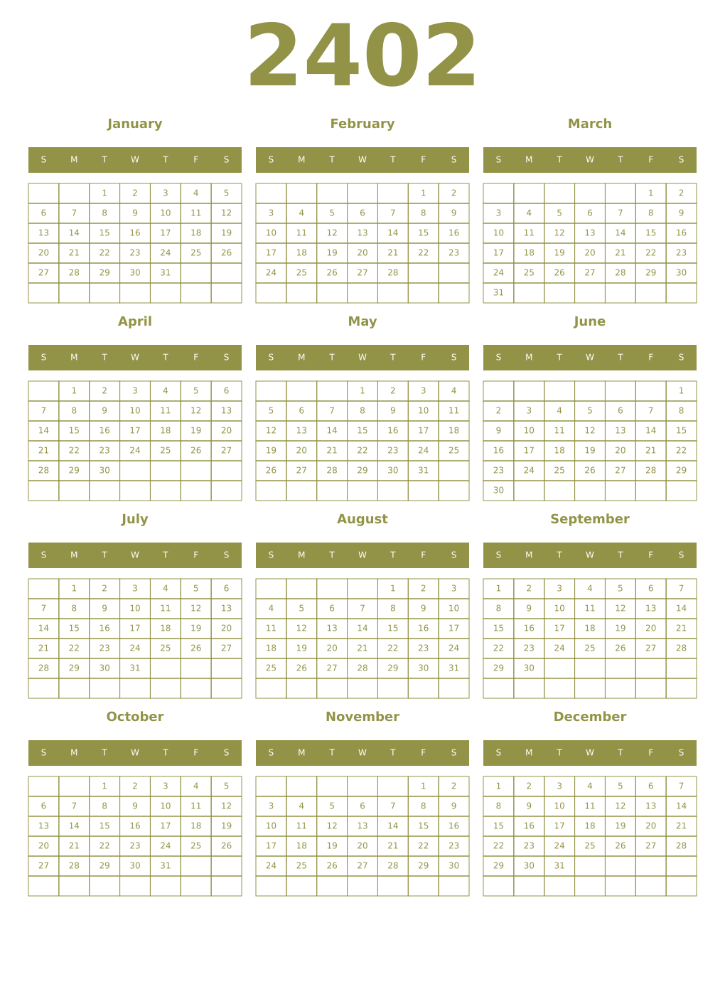 Printable 2402 Year Calendars eburnean
