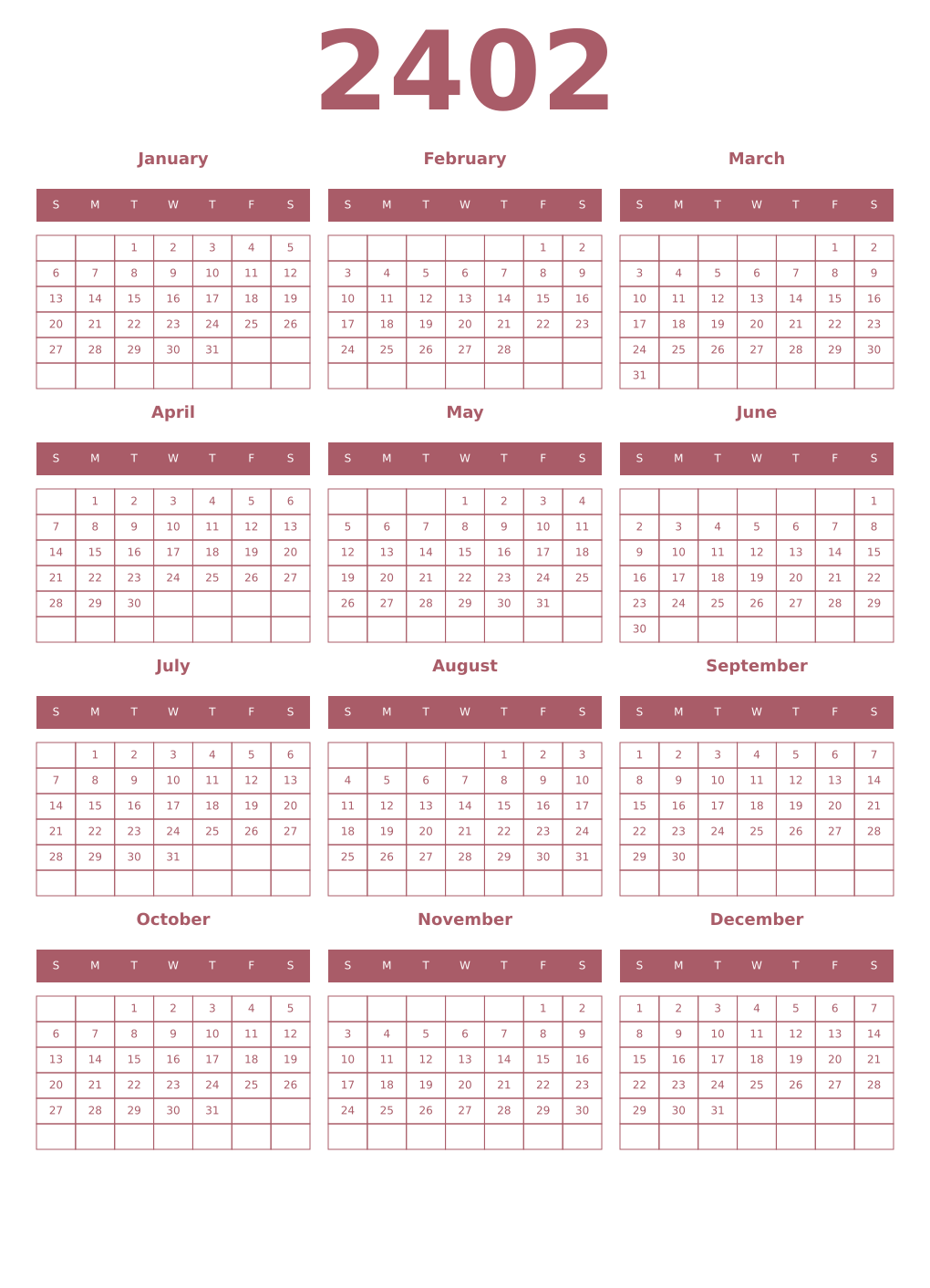 Printable 2402 Year Calendars puce