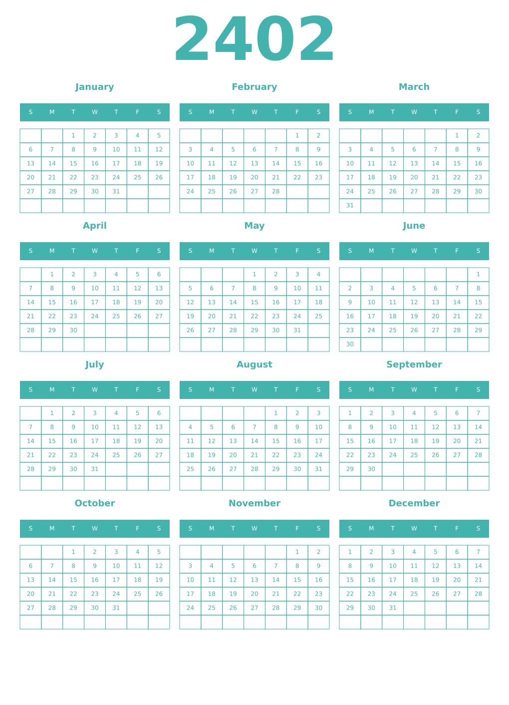 Printable 2402 Year Calendars verdigris