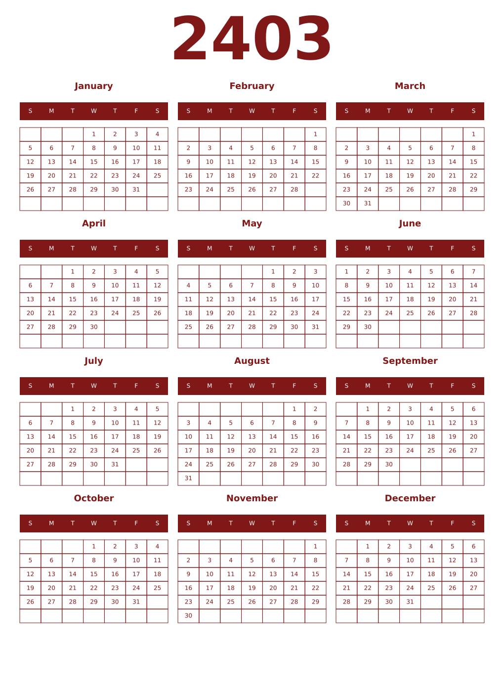 Printable 2403 Year Calendars falu