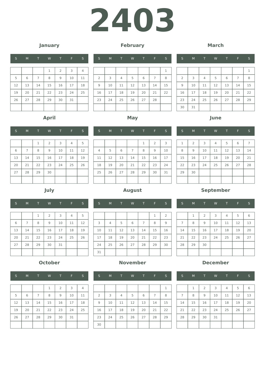 Printable 2403 Year Calendars feldgrau