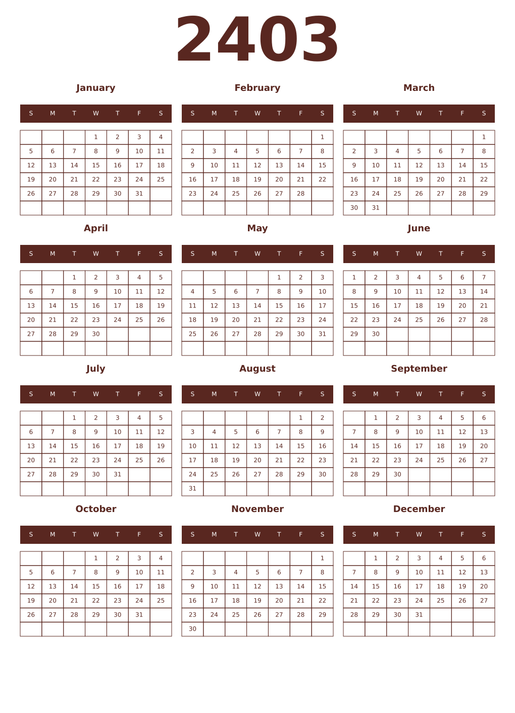 Printable 2403 Year Calendars mortuum