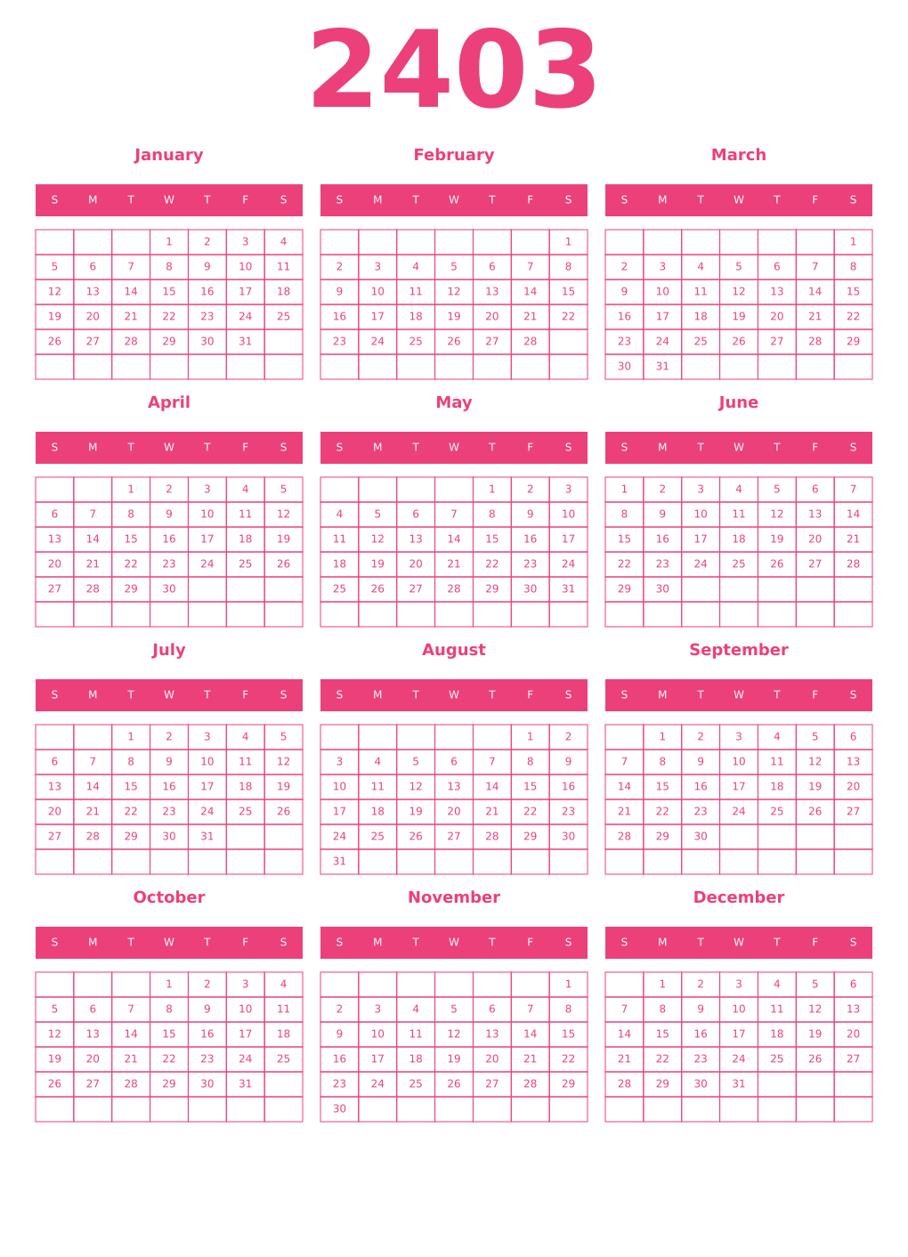 Printable 2403 Year Calendars pink