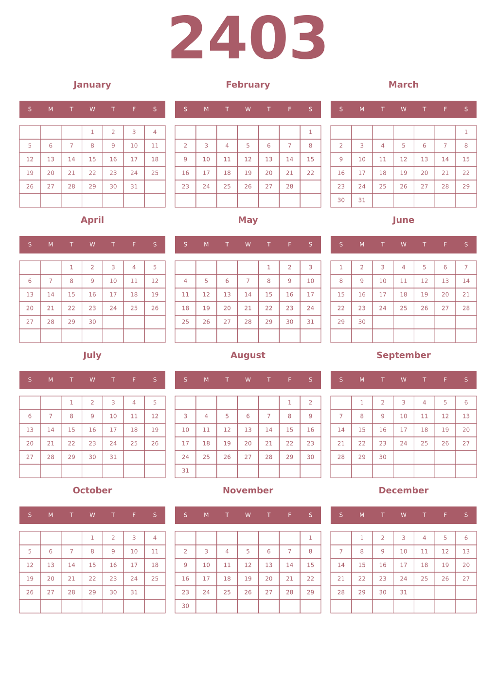 Printable 2403 Year Calendars puce
