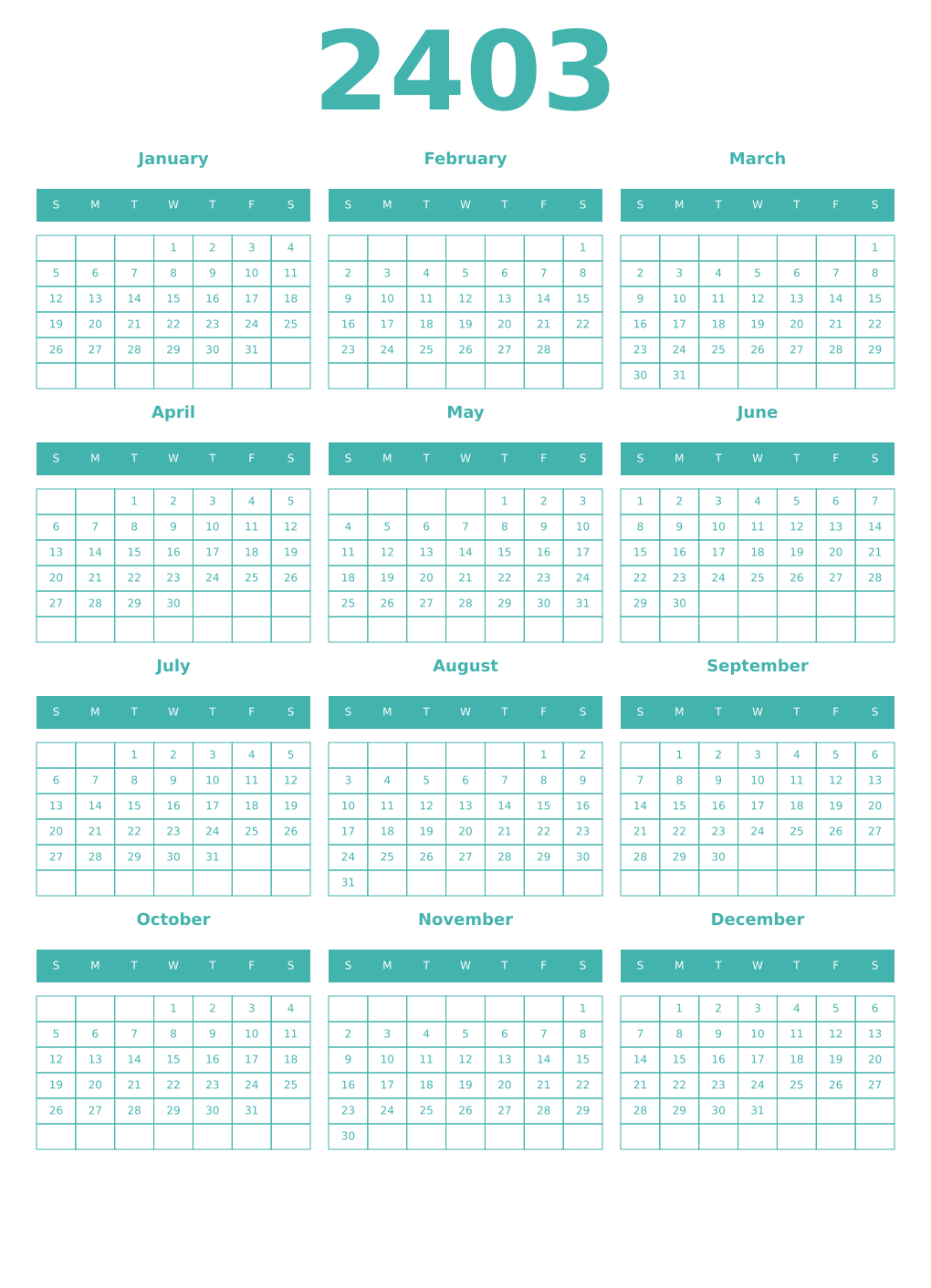 Printable 2403 Year Calendars verdigris