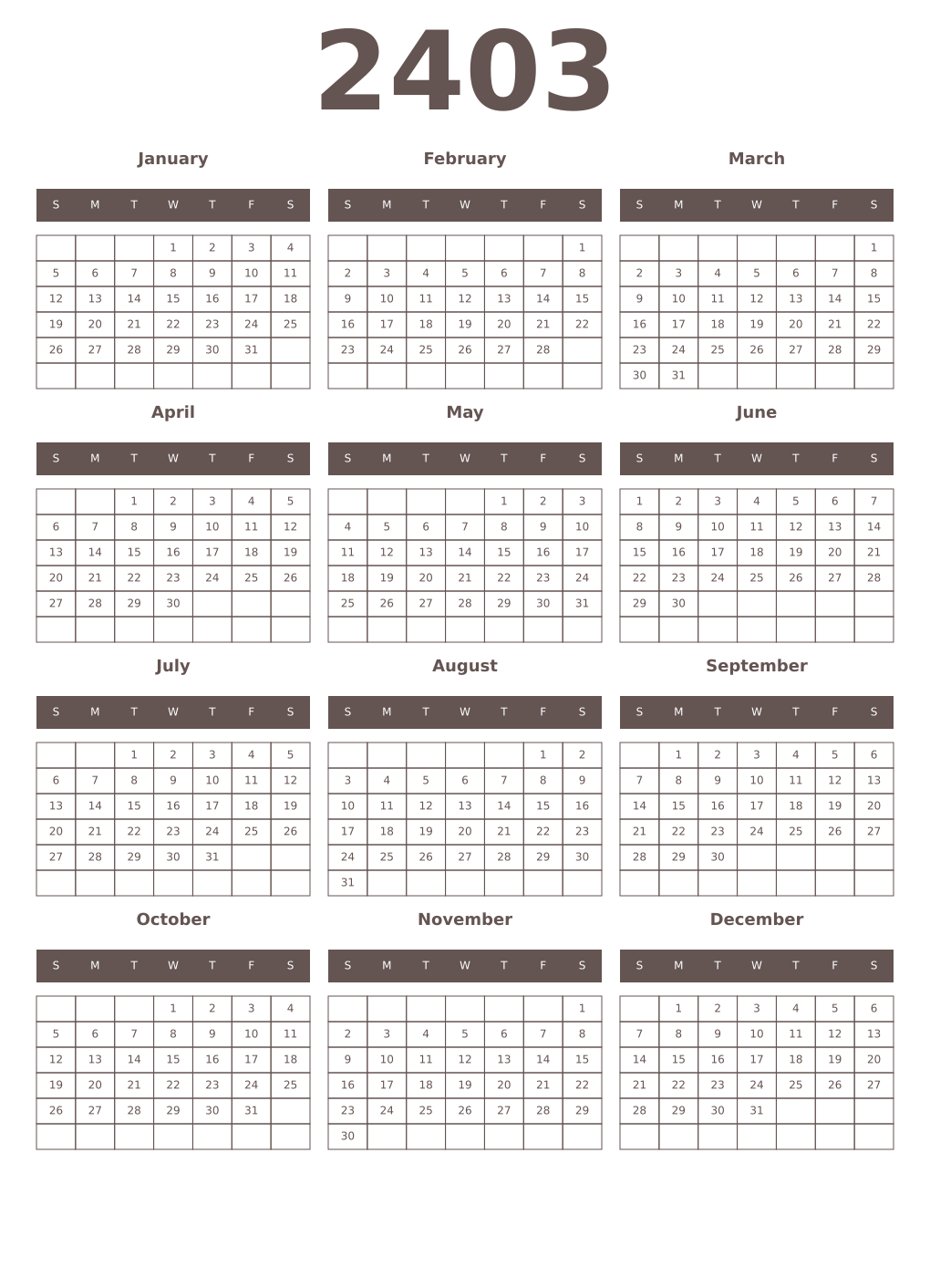 Printable 2403 Year Calendars wenge