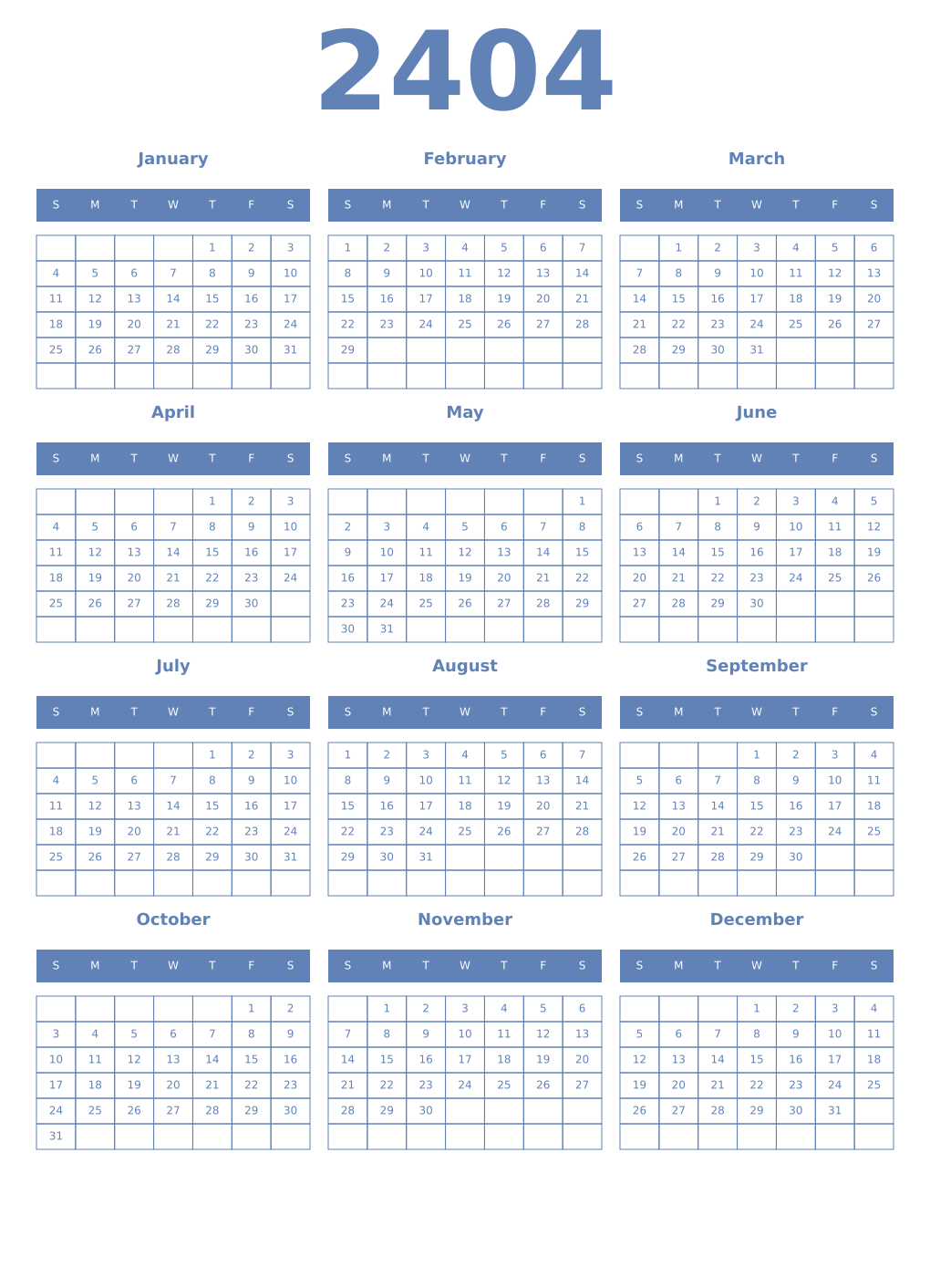 Printable 2404 Year Calendars glaucous