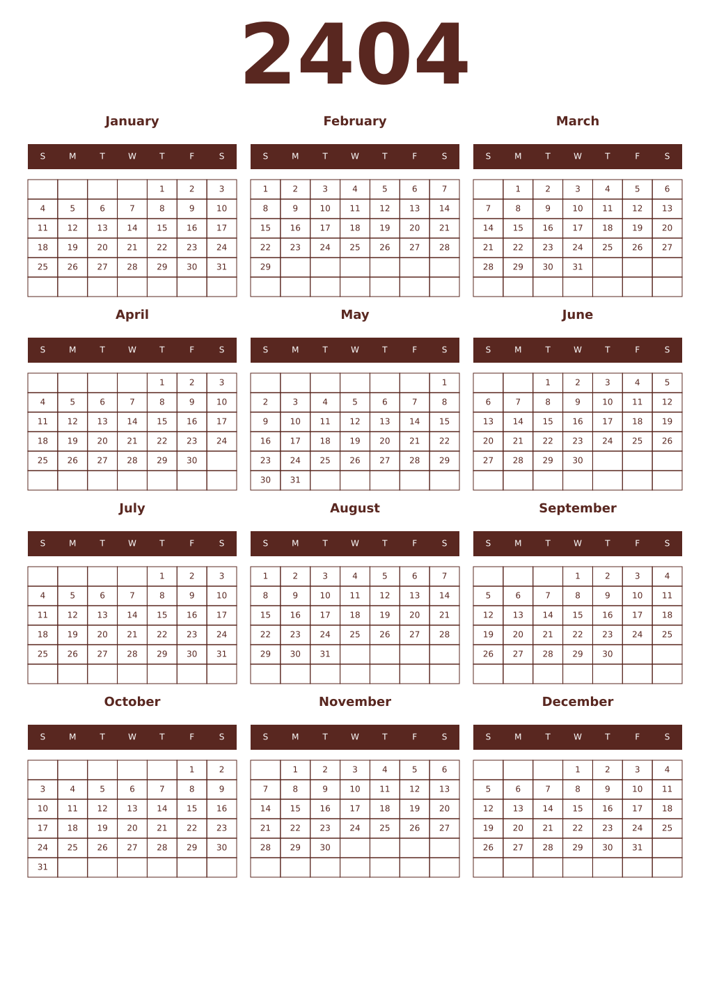 Printable 2404 Year Calendars mortuum