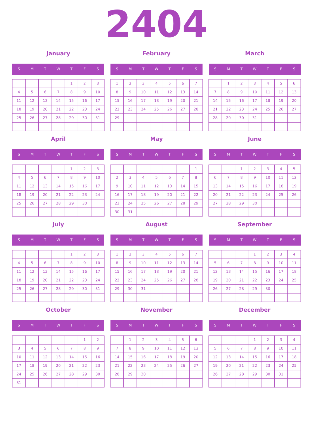 Printable 2404 Year Calendars purple