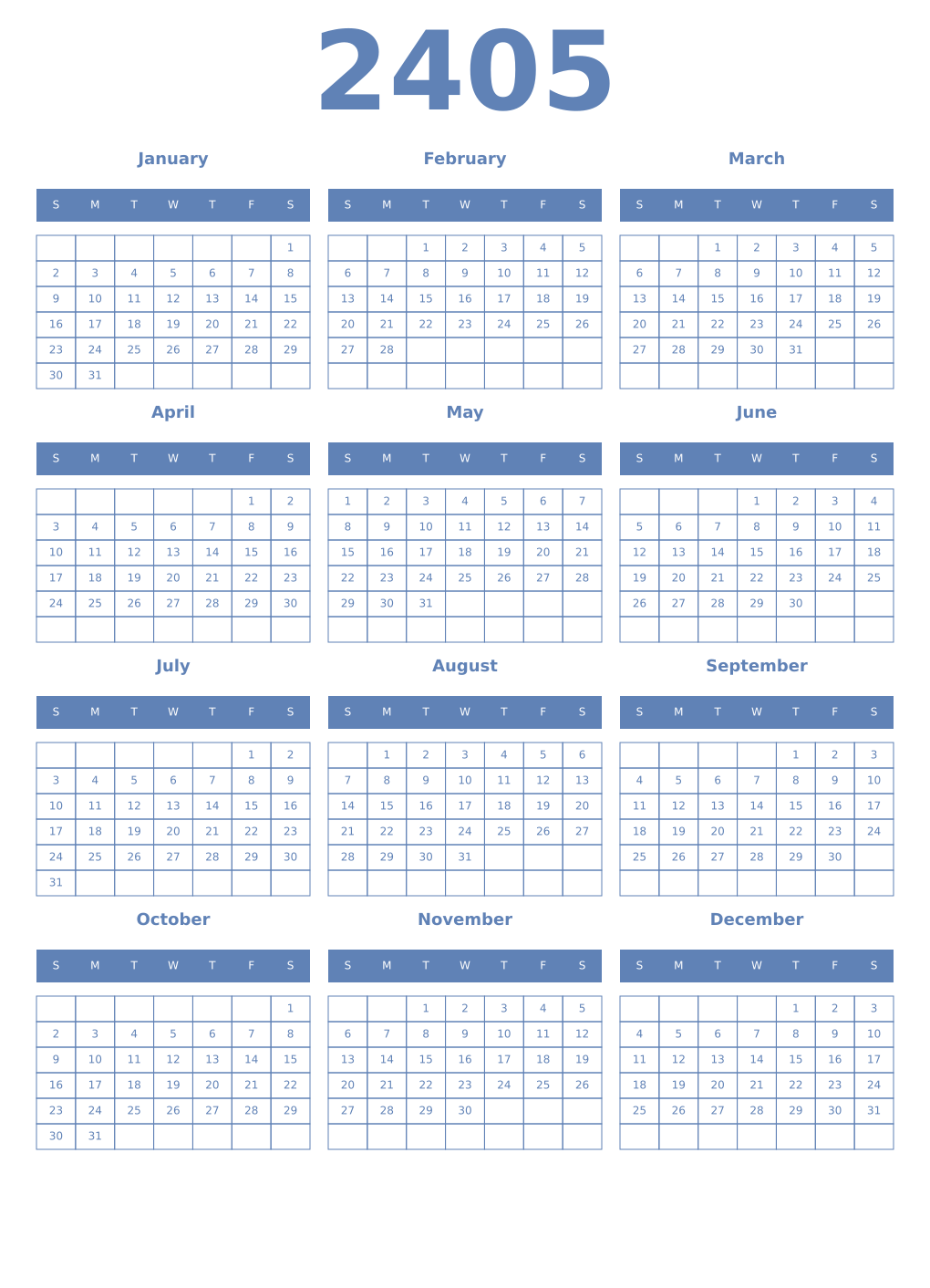 Printable 2405 Year Calendars glaucous