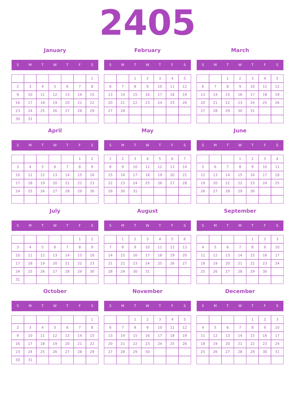 Printable 2405 Year Calendars purple
