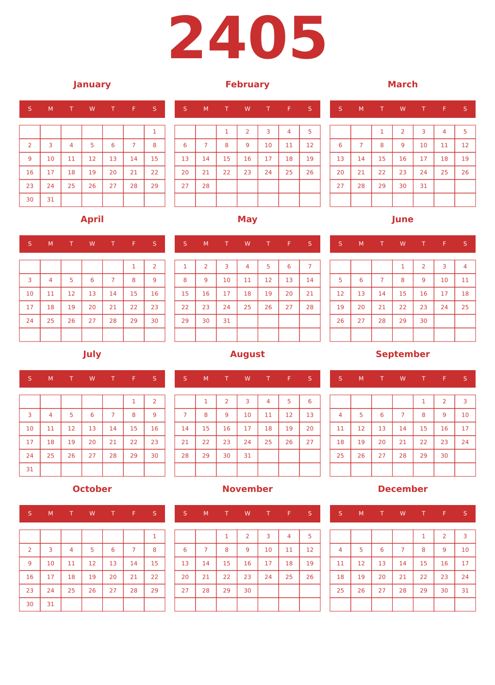Printable 2405 Year Calendars red