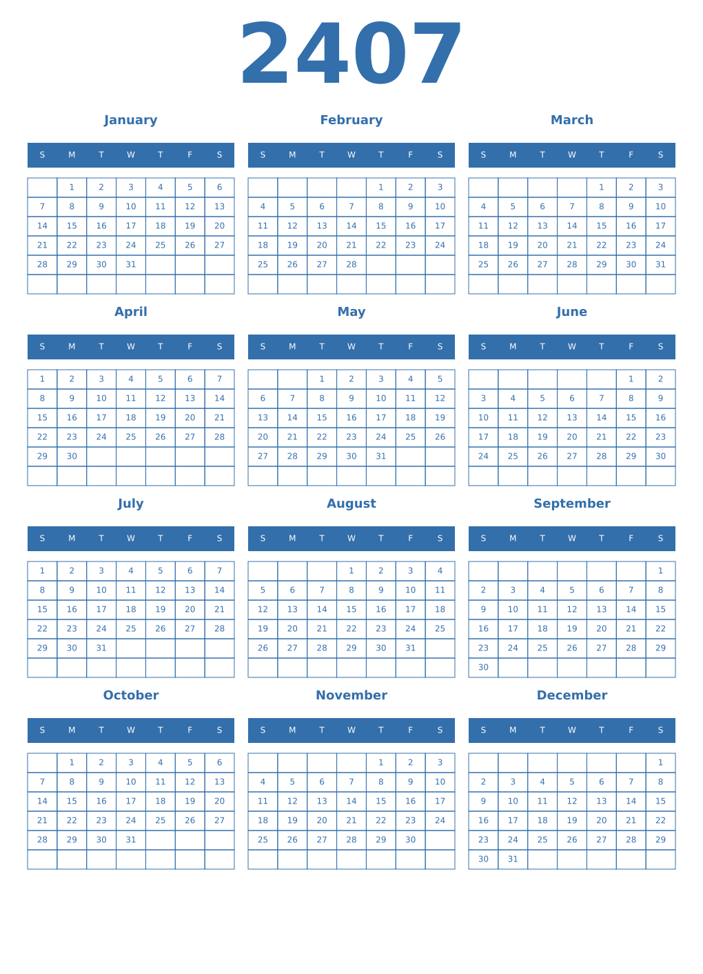 Printable 2407 Year Calendars blue