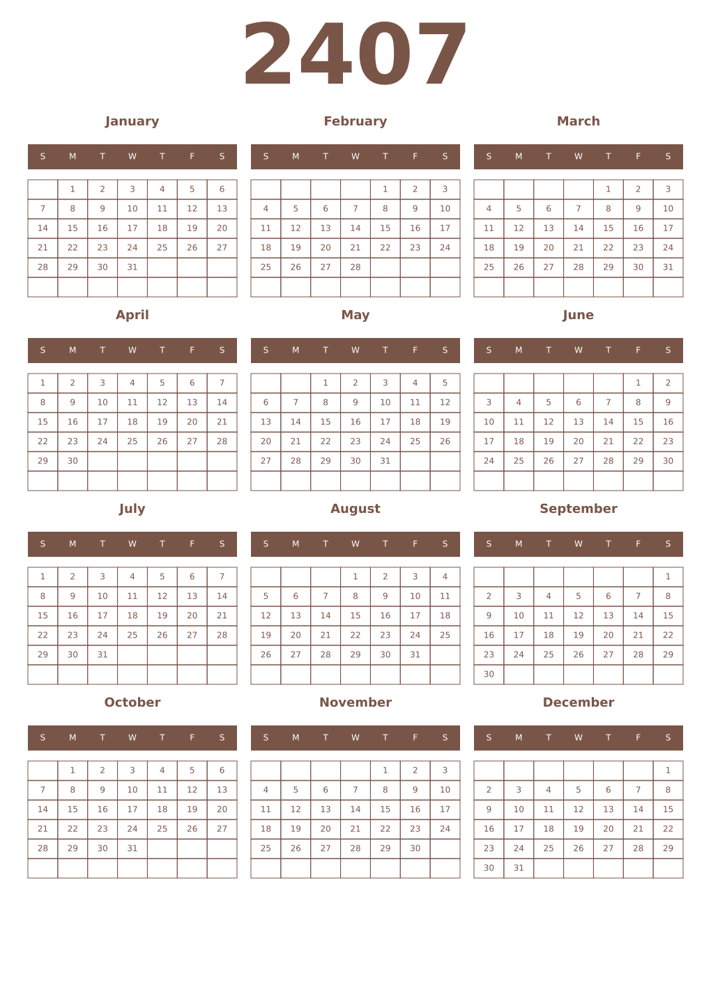 Printable 2407 Year Calendars coffe