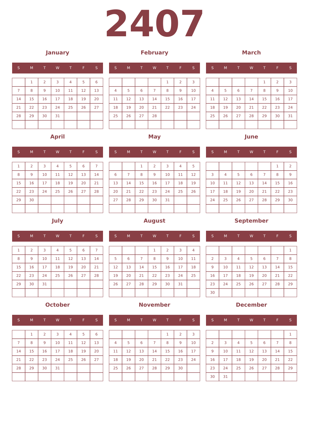 Printable 2407 Year Calendars cordovan