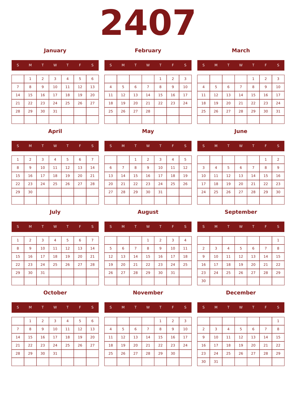 Printable 2407 Year Calendars falu