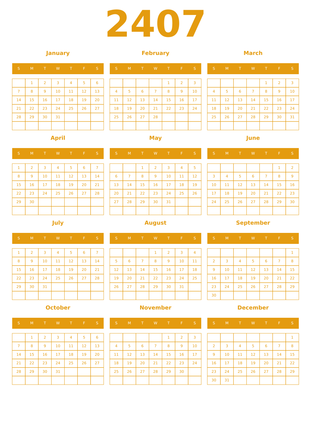 Printable 2407 Year Calendars gamboge