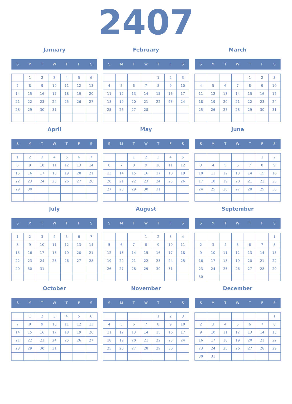Printable 2407 Year Calendars glaucous