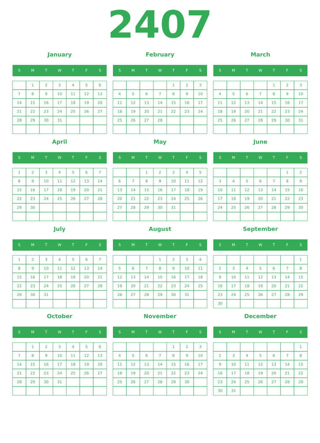 Printable 2407 Year Calendars green