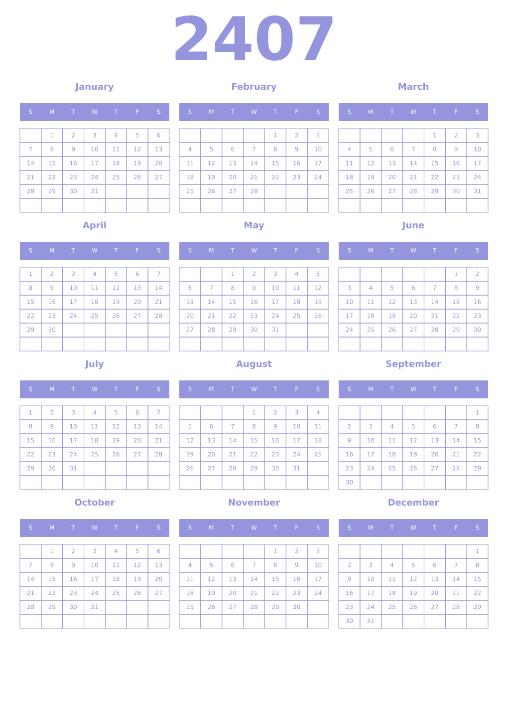 Printable 2407 Year Calendars periwinkle