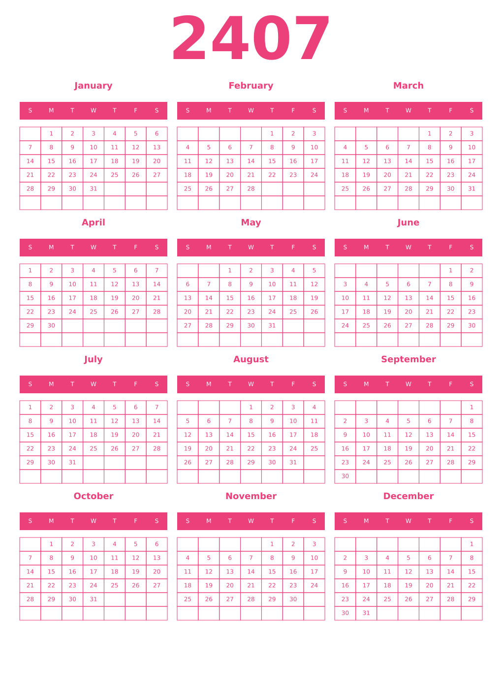 Printable 2407 Year Calendars pink