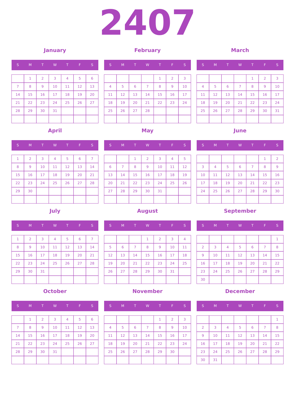 Printable 2407 Year Calendars purple