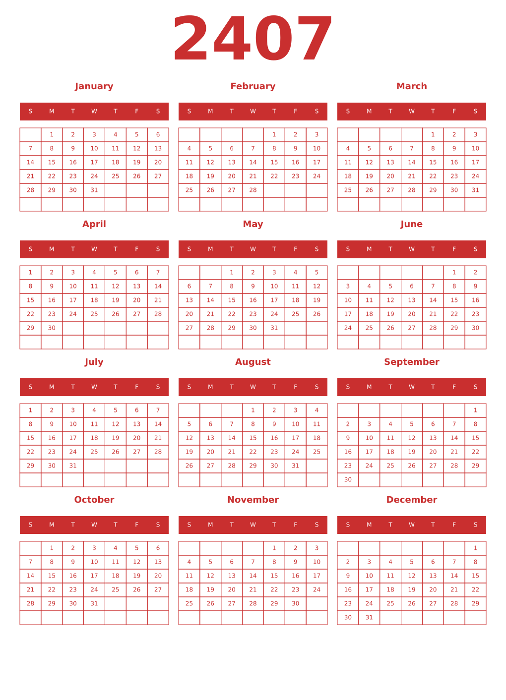 Printable 2407 Year Calendars red