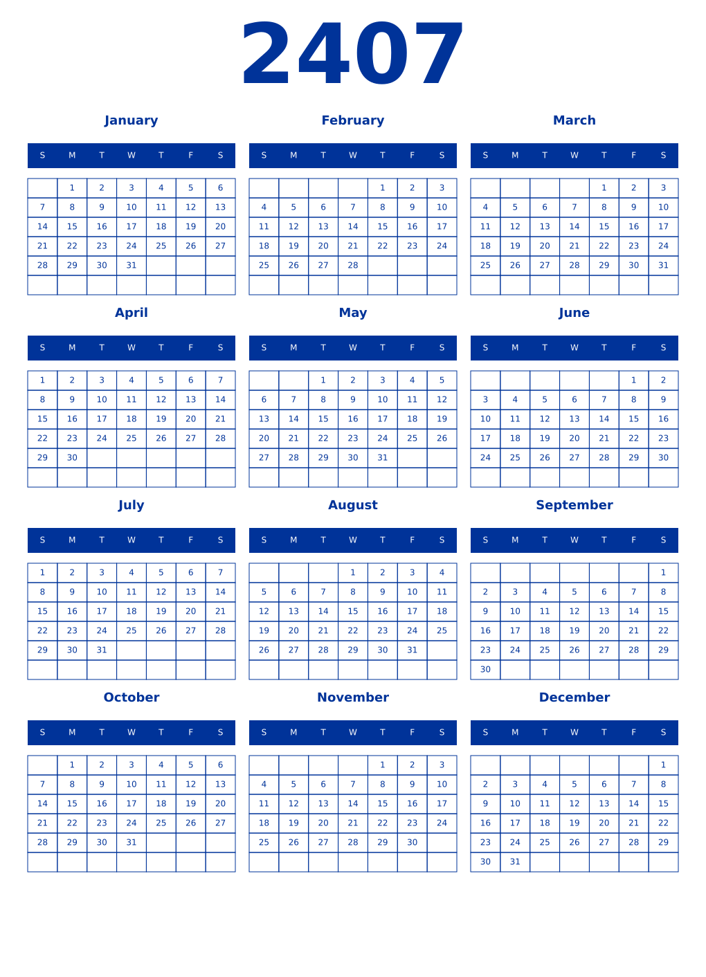 Printable 2407 Year Calendars smalt