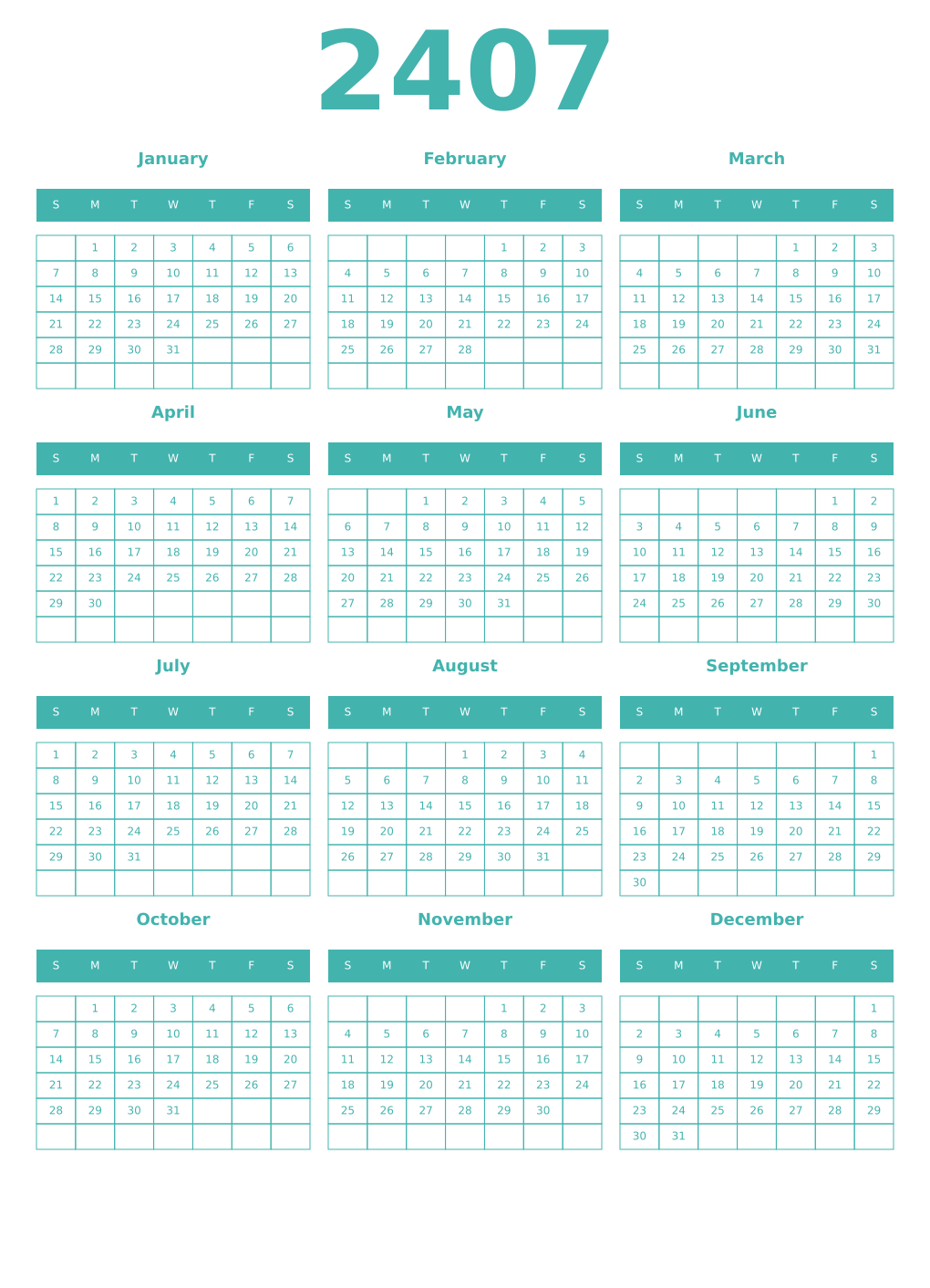 Printable 2407 Year Calendars verdigris