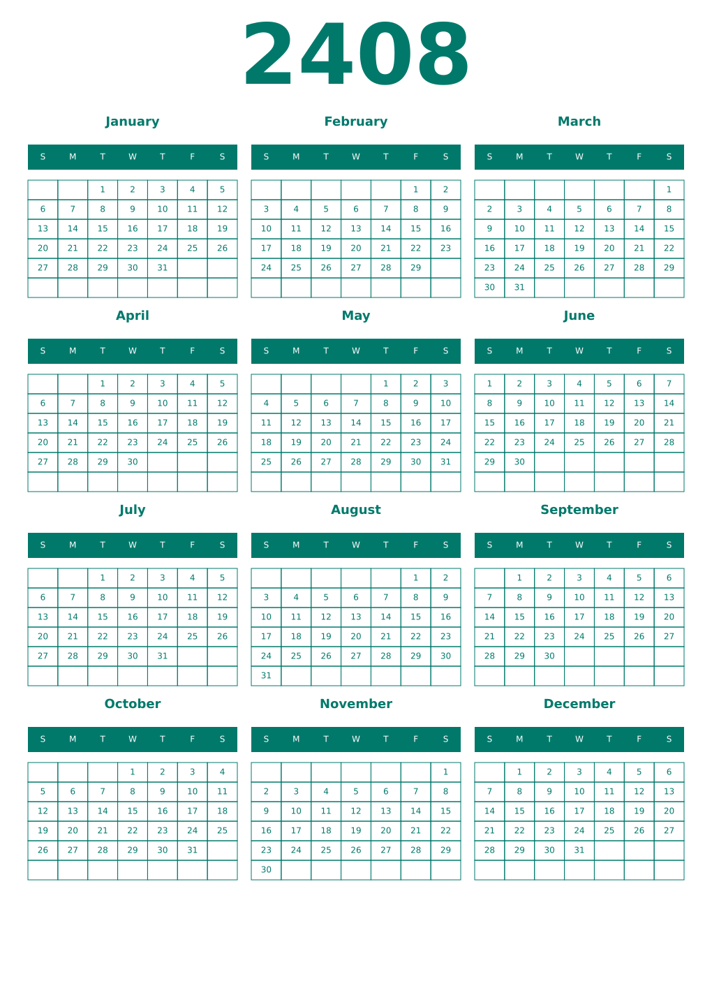 Printable 2408 Year Calendars pastel