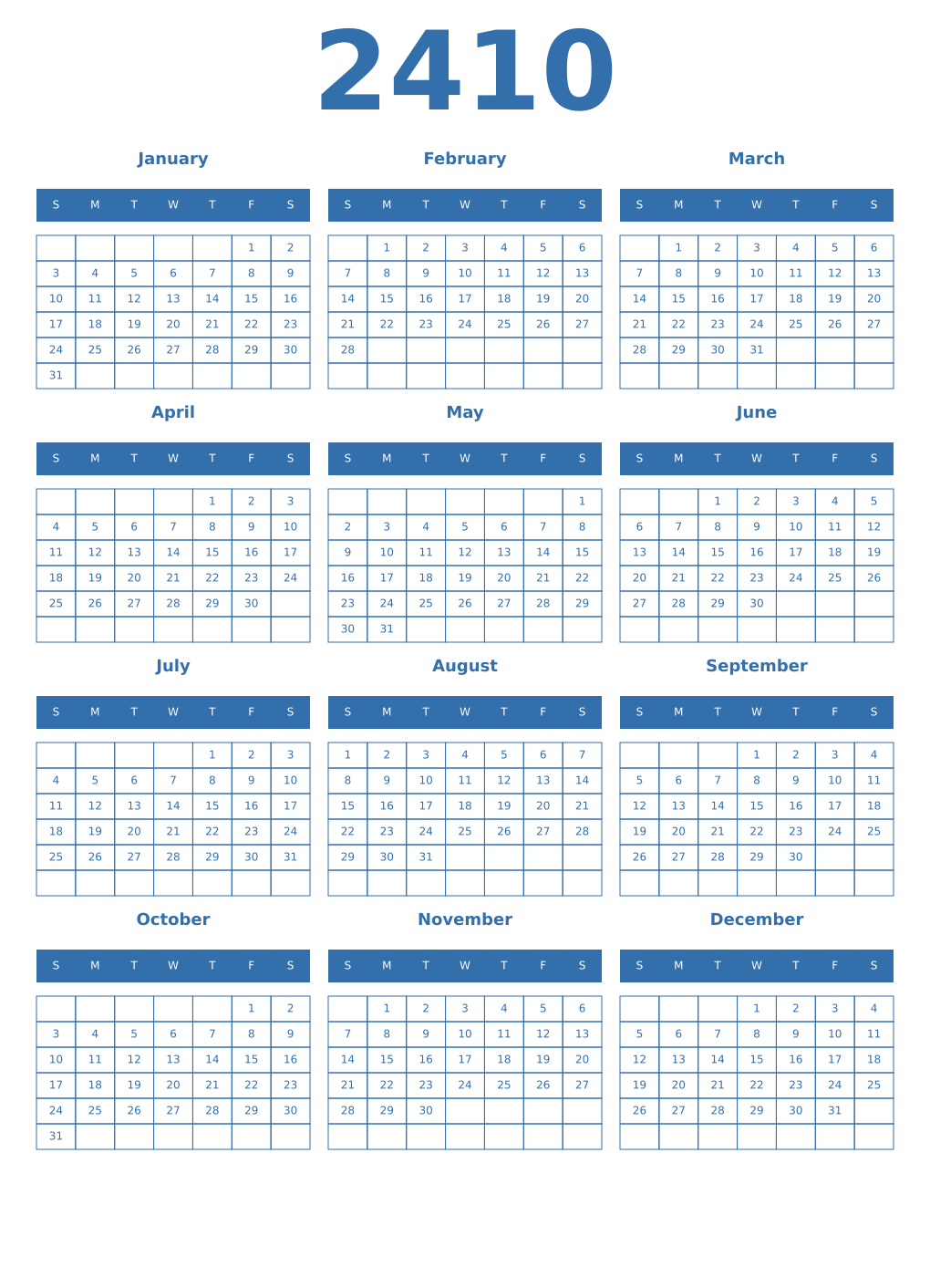 Printable 2410 Year Calendars blue