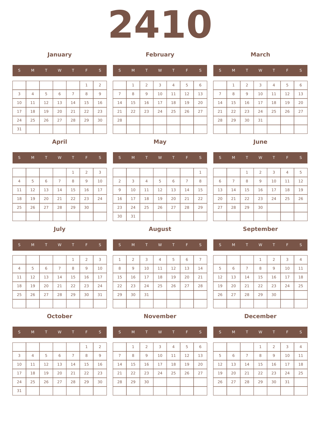 Printable 2410 Year Calendars coffe