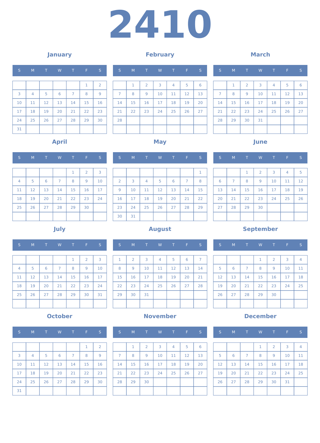 Printable 2410 Year Calendars glaucous