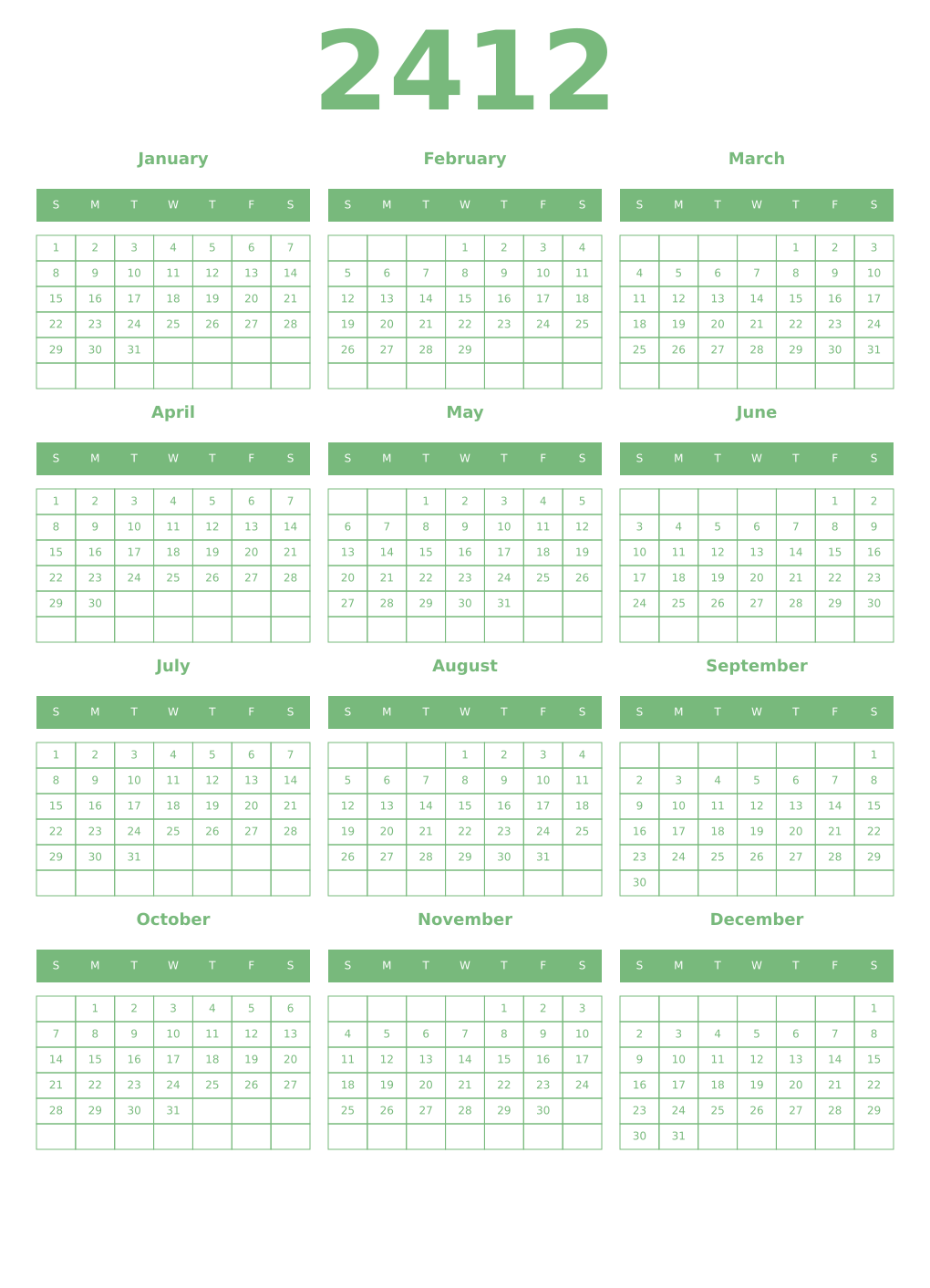 Printable 2412 Year Calendars celadon