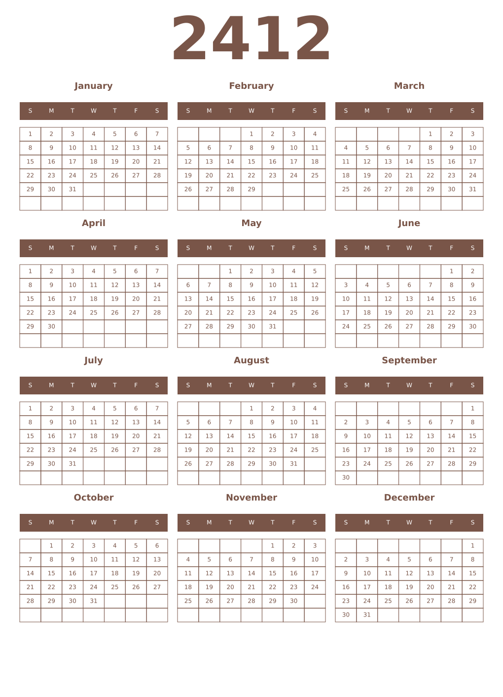 Printable 2412 Year Calendars coffe
