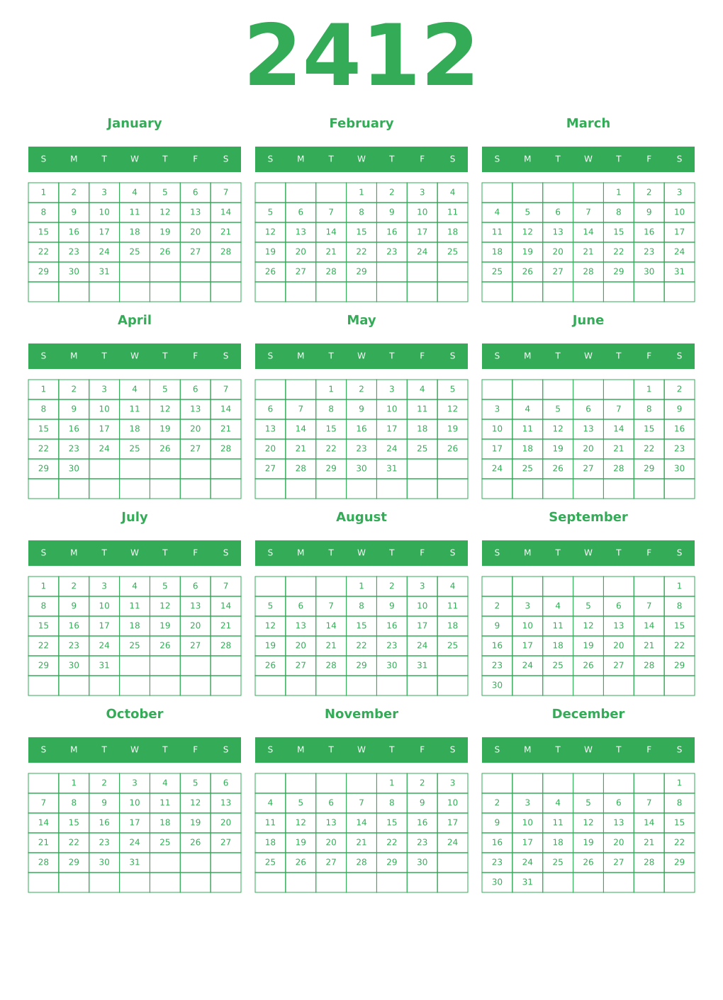 Printable 2412 Year Calendars green