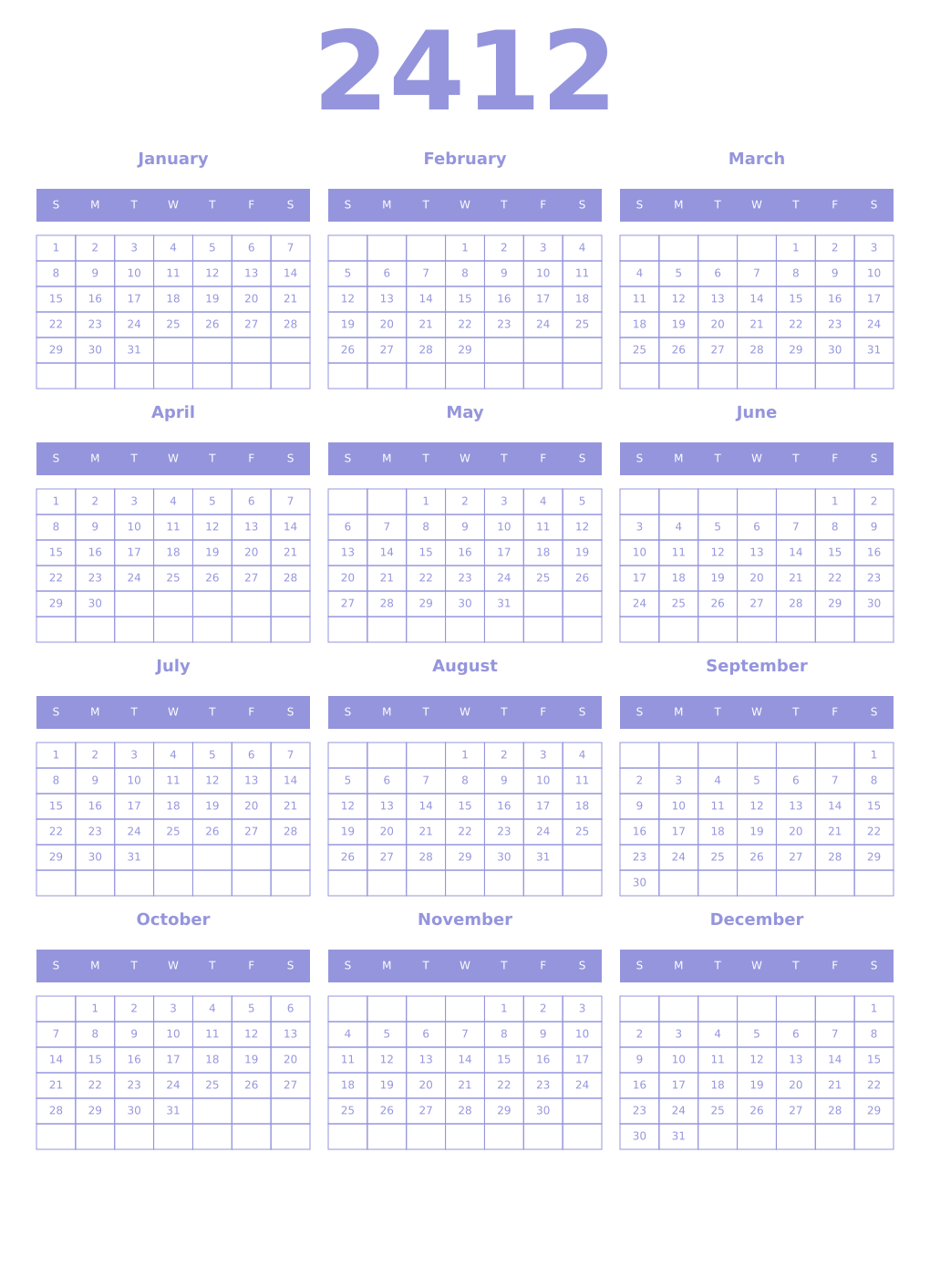 Printable 2412 Year Calendars periwinkle