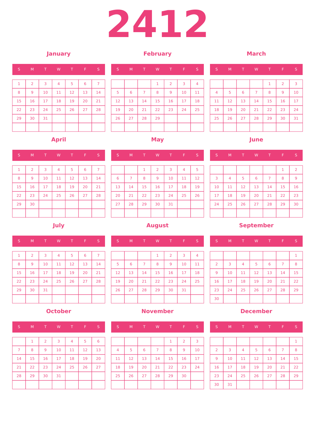 Printable 2412 Year Calendars pink