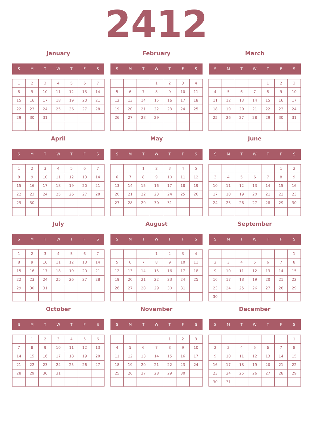 Printable 2412 Year Calendars puce