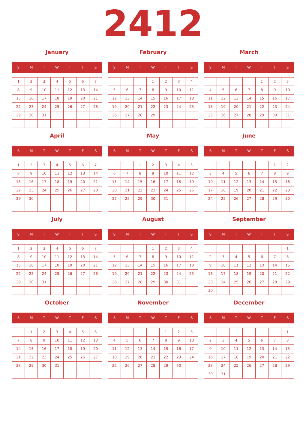 Printable 2412 Year Calendars red