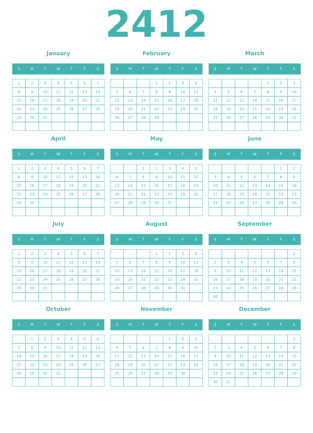 Printable 2412 Year Calendars verdigris